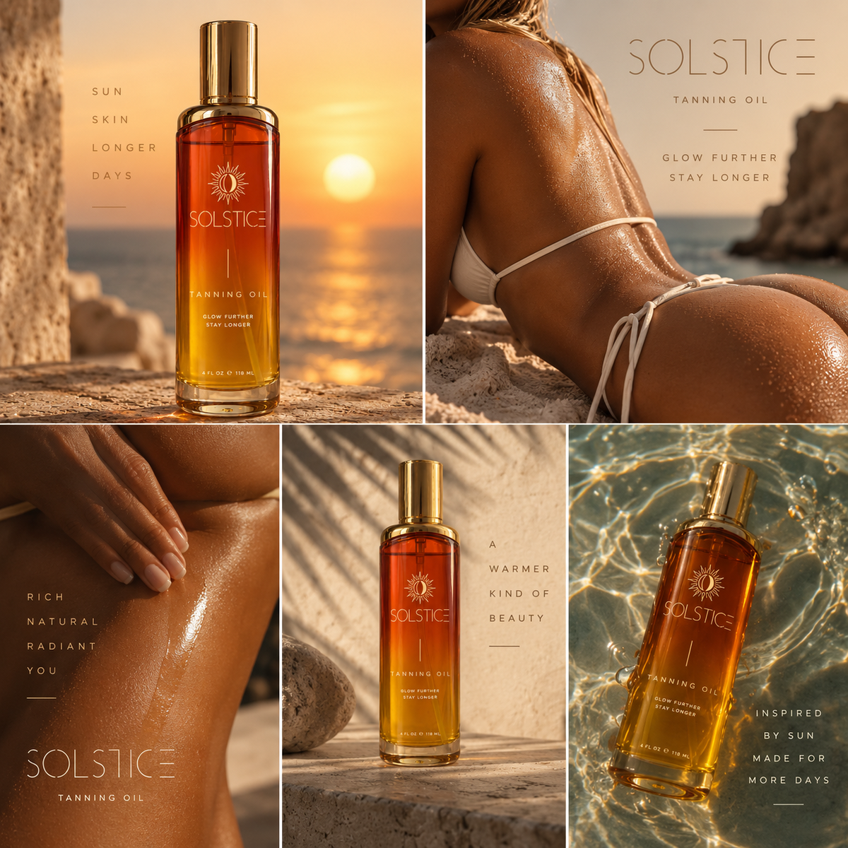 Solstice Tanning Oil campaign imagery with amber bottle and sun-kissed beach scenes