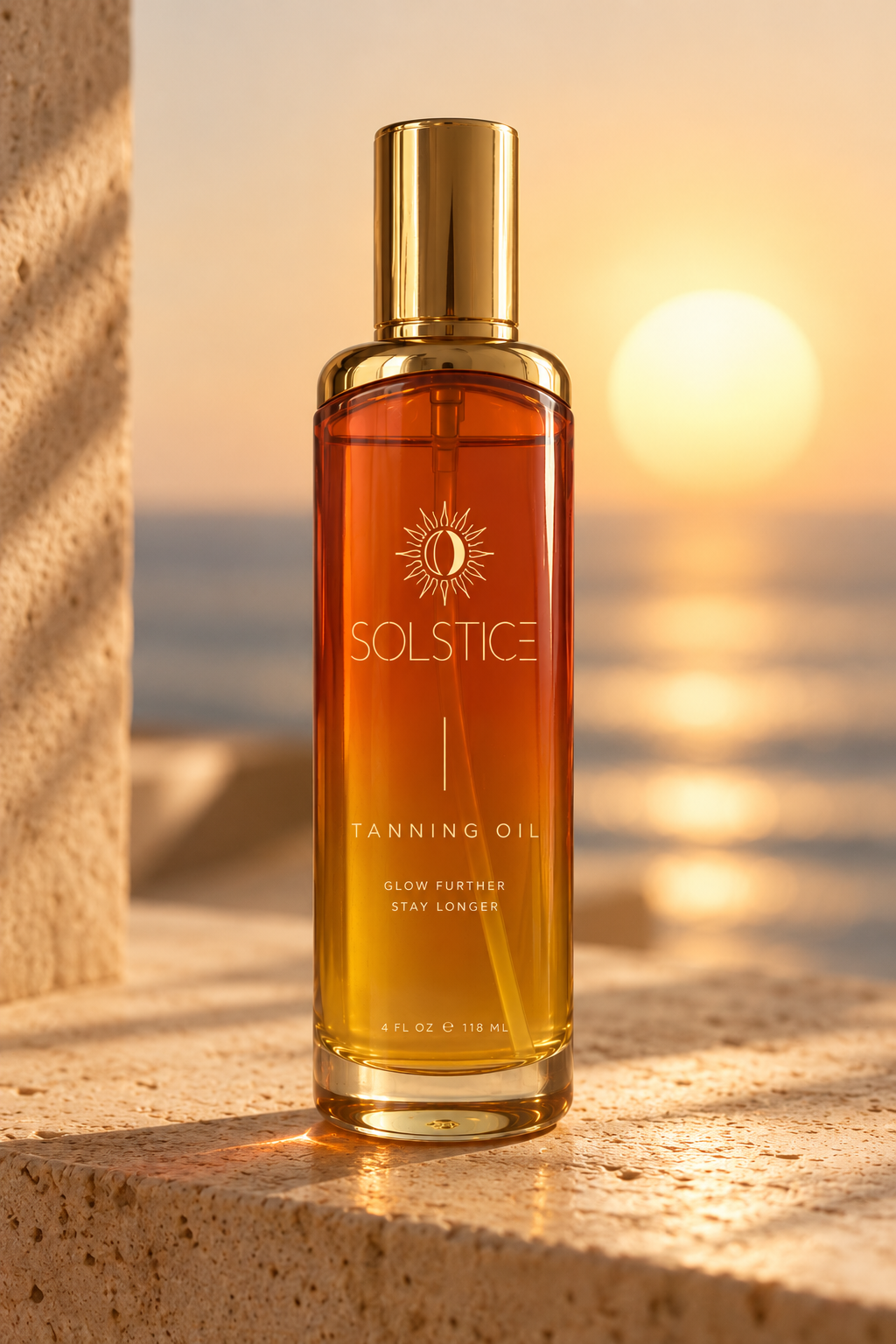 Solstice Tanning Oil 4 oz bottle at sunset